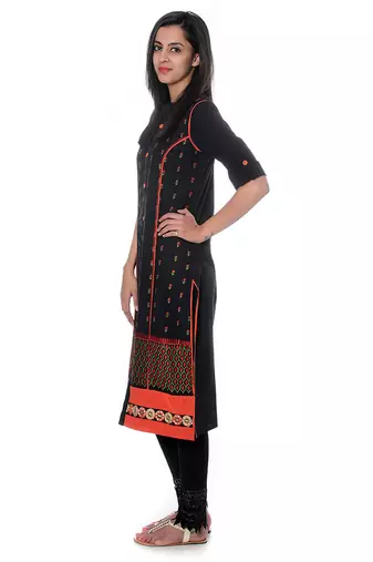 Black Hand Embroidered Roll Up Sleeves Pure Cotton Kurta