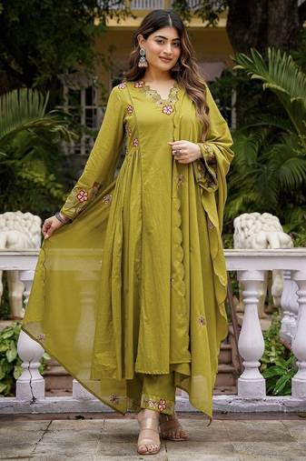 Floral embroidered pure cotton kurta trouser & dupatta set