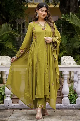 Floral embroidered pure cotton kurta trouser & dupatta set