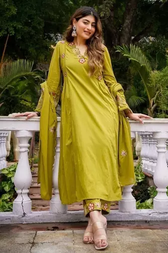 Floral embroidered pure cotton kurta trouser & dupatta set