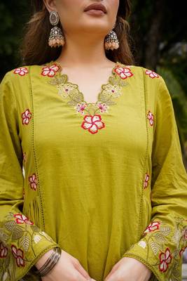 Floral embroidered  cotton kurta trouser & dupatta set 3