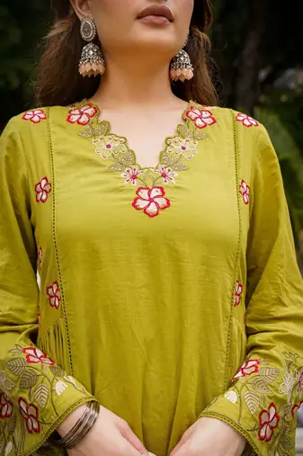 Floral embroidered pure cotton kurta trouser & dupatta set