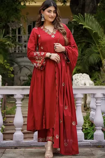 Floral embroidered pure cotton kurta trouser & dupatta set