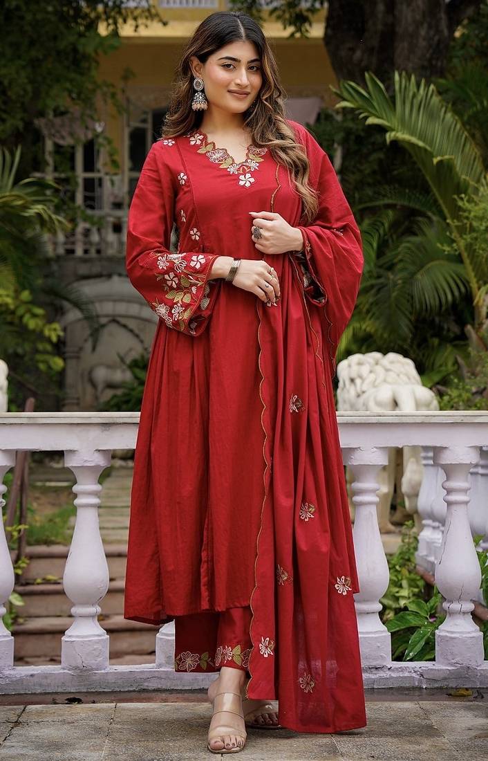 Floral embroidered pure cotton kurta trouser & dupatta set