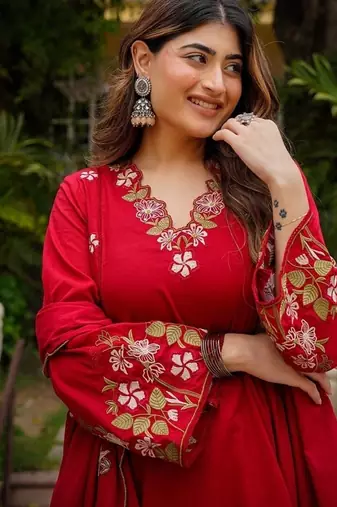 Floral embroidered  cotton kurta trouser & dupatta set