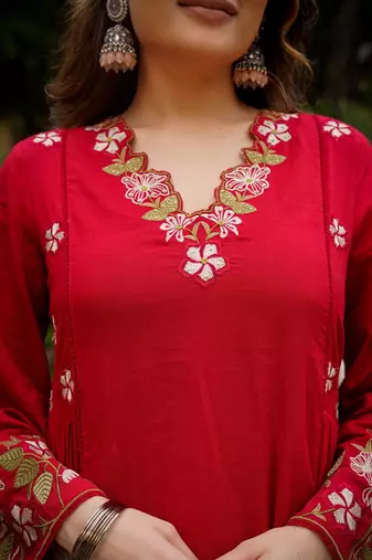 Floral embroidered  cotton kurta trouser & dupatta set