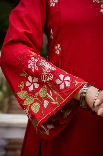 Floral embroidered  cotton kurta trouser & dupatta set