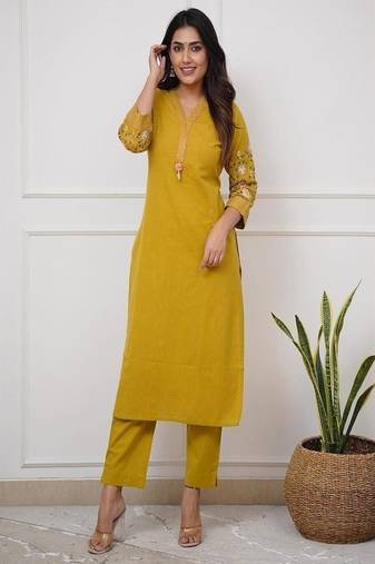 Floral embroidered pure cotton kurta & trouser set