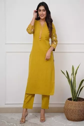 Floral embroidered pure cotton kurta & trouser set