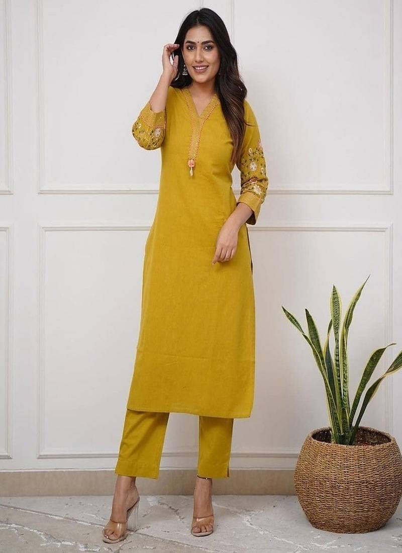 Floral embroidered pure cotton kurta & trouser set