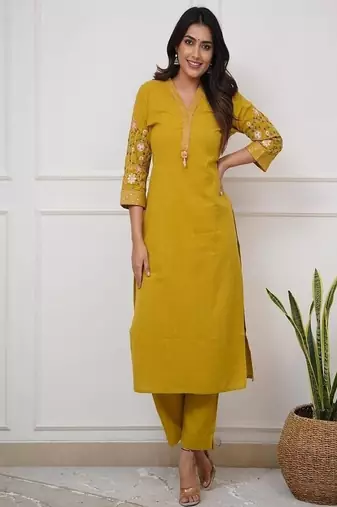 Floral embroidered  cotton kurta & trouser set