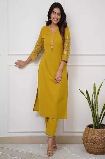 Floral embroidered  cotton kurta & trouser set