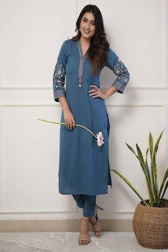 Floral embroidered pure cotton kurta & trouser set