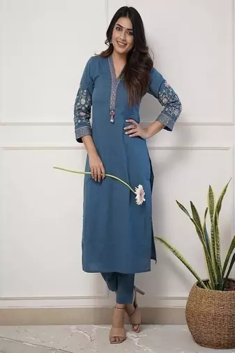 Floral embroidered pure cotton kurta & trouser set