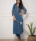Floral embroidered pure cotton kurta & trouser set