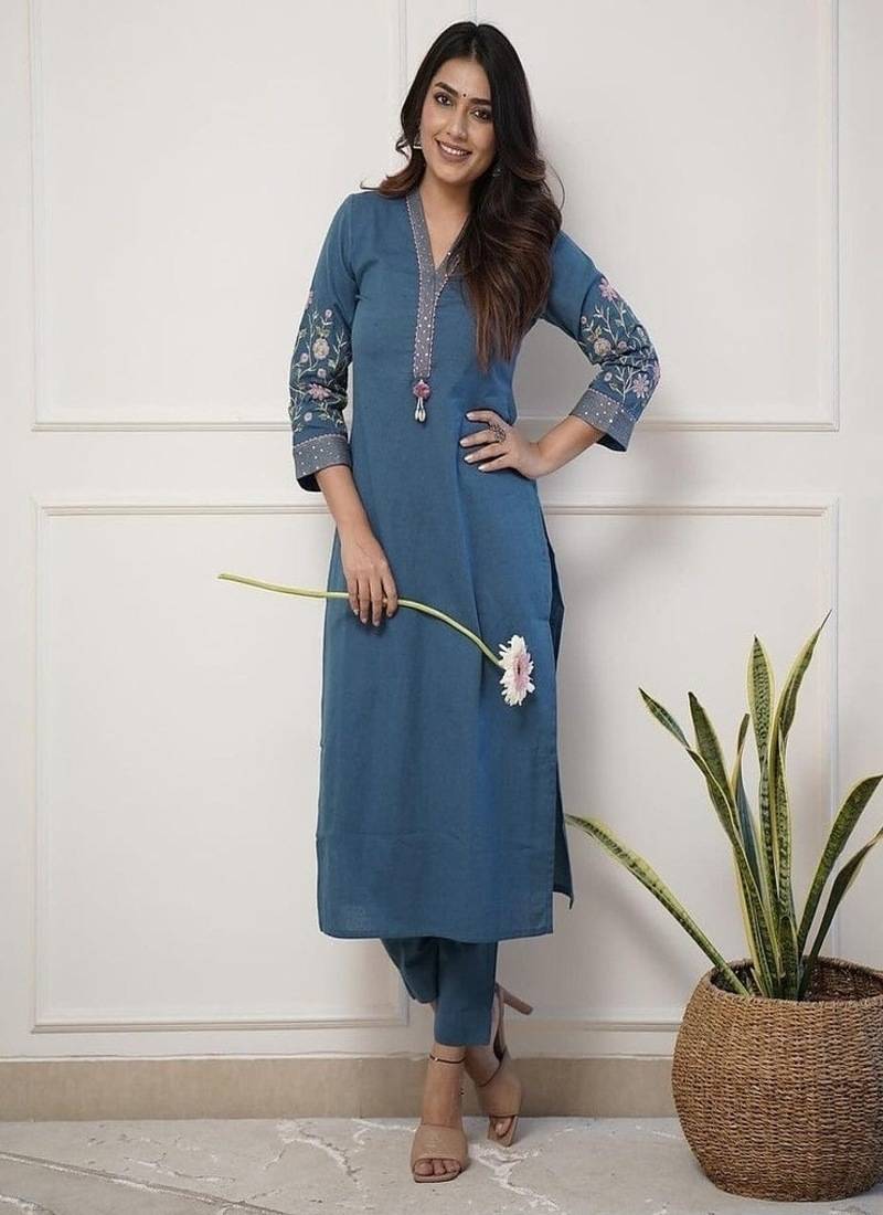 Floral embroidered pure cotton kurta & trouser set