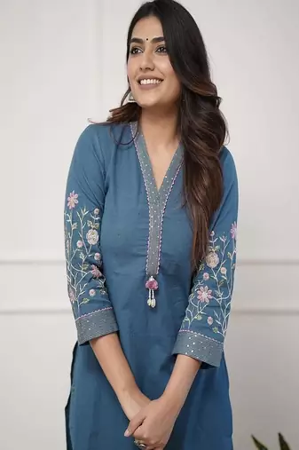 Floral embroidered  cotton kurta & trouser set