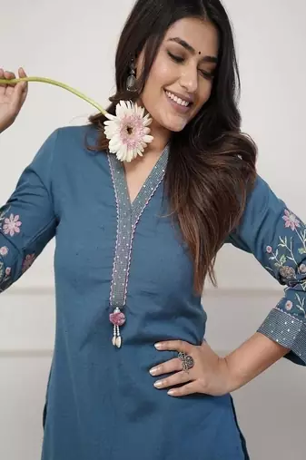 Floral embroidered  cotton kurta & trouser set