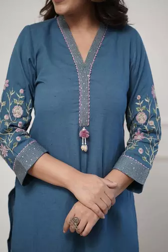 Floral embroidered  cotton kurta & trouser set