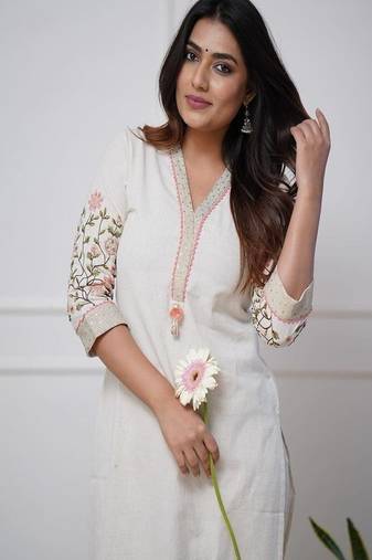 Floral embroidered pure cotton kurta & trouser set