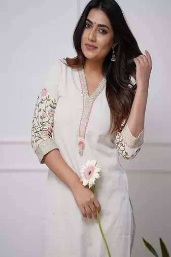 Floral embroidered pure cotton kurta & trouser set