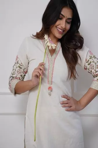 Floral embroidered pure cotton kurta & trouser set