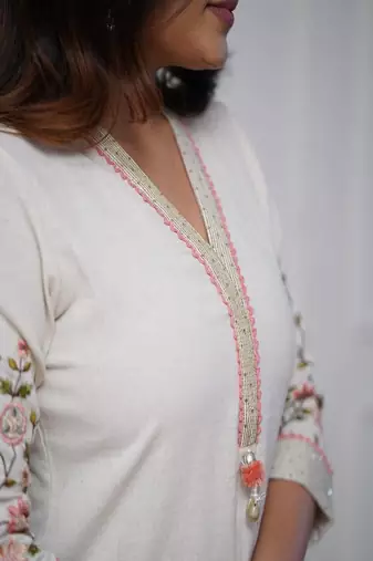Floral embroidered pure cotton kurta & trouser set