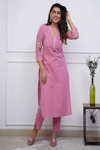 Floral embroidered pure cotton kurta & trouser set