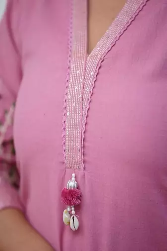 Floral embroidered pure cotton kurta & trouser set