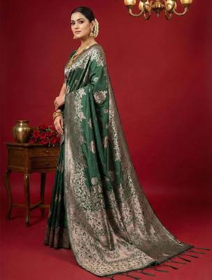 Dark green woven work silk blend saree with blouse 2