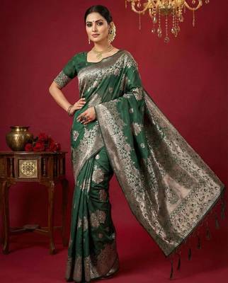 Dark green woven work silk blend saree with blouse 3