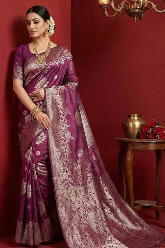 Purple color woven work silk blend saree with blouse