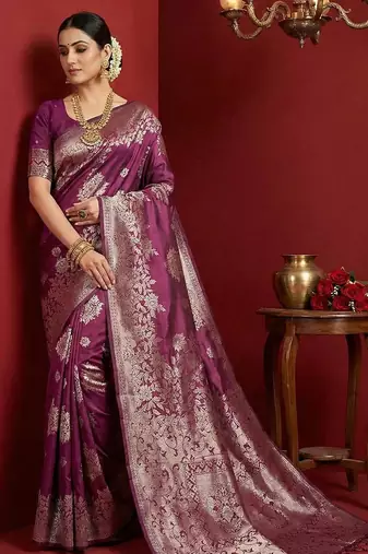 Purple color woven work silk blend saree with blouse