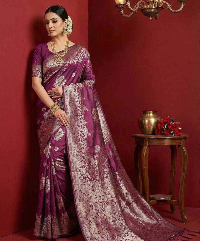 Purple color woven work silk blend saree with blouse