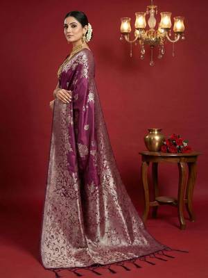 Purple color woven work silk blend saree with blouse 3