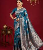 Teal blue color woven work silk blend saree with blouse