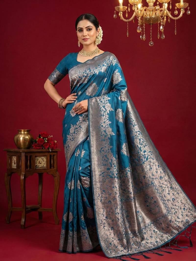 Teal blue color woven work silk blend saree with blouse