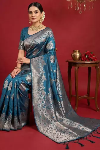 Teal blue color woven work silk blend saree with blouse