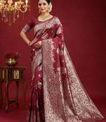 Maroon color woven work silk blend saree with blouse
