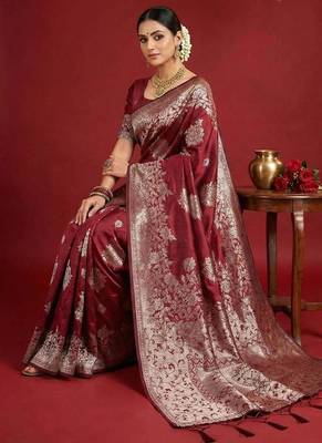 Maroon color woven work silk blend saree with blouse 2