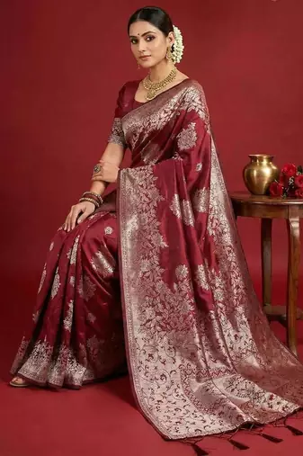 Maroon color woven work silk blend saree with blouse