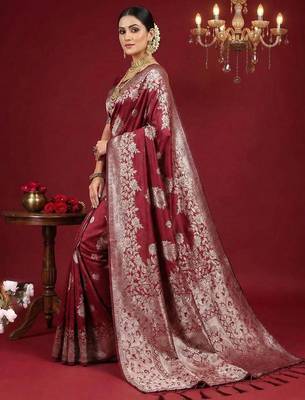 Maroon color woven work silk blend saree with blouse 3