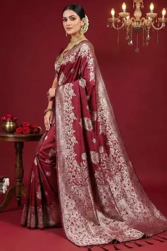 Maroon color woven work silk blend saree with blouse