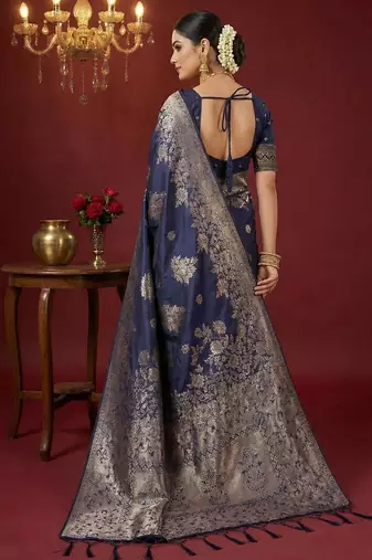 Nay blue color woven work silk blend saree with blouse
