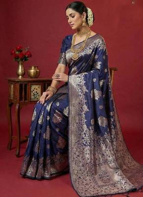 Nay blue color woven work silk blend saree with blouse 3