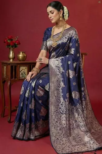 Nay blue color woven work silk blend saree with blouse