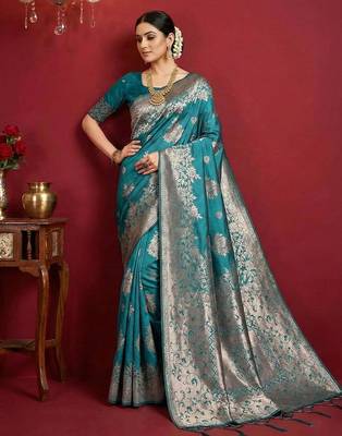 Sea green color woven work silk blend saree with blouse 1
