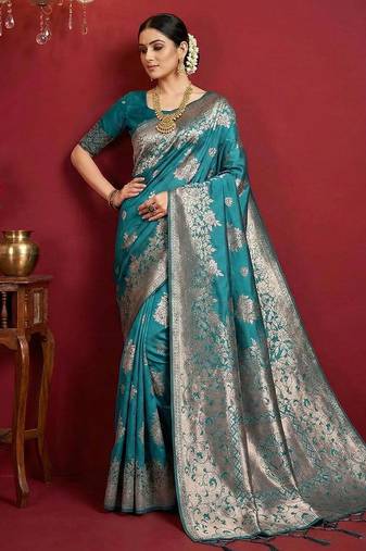 Sea green color woven work silk blend saree with blouse