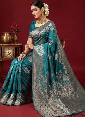 Sea green color woven work silk blend saree with blouse 3