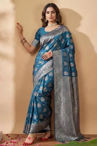 Teal blue color woven work silk blend saree with blouse